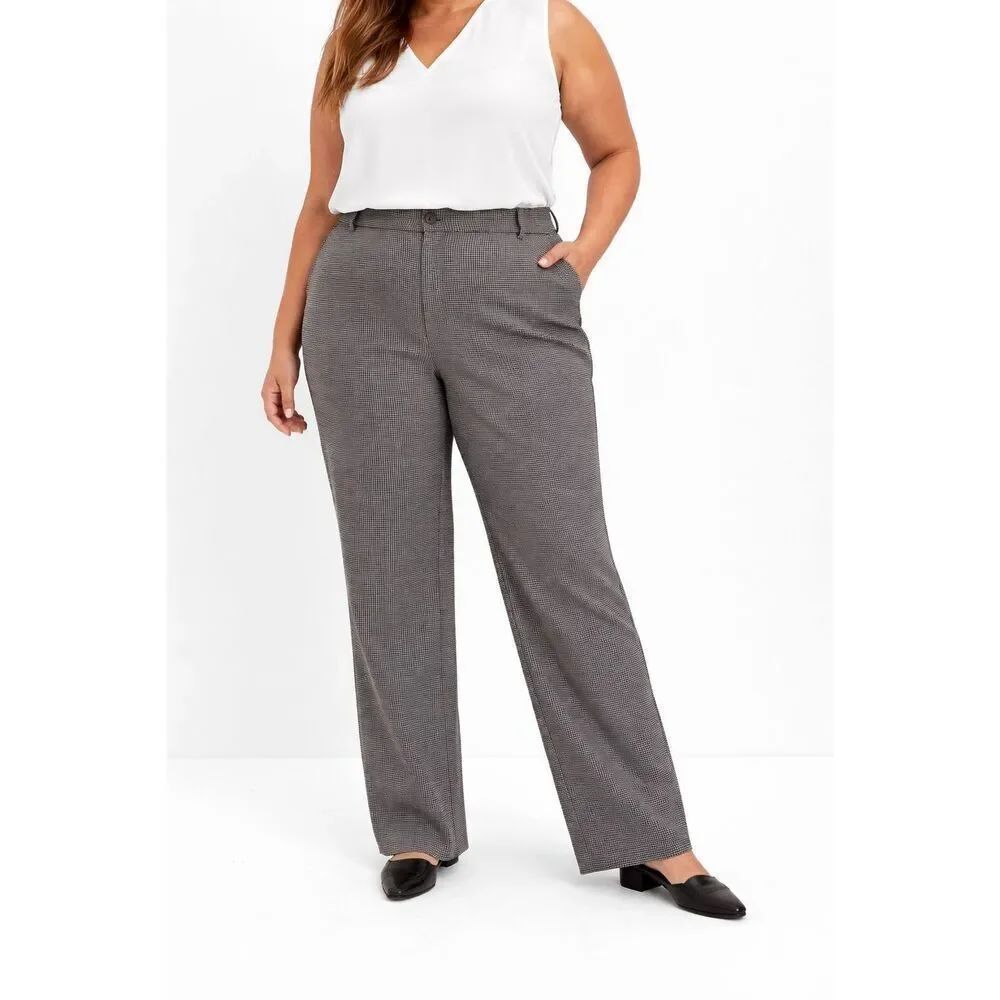 Lee Plus 22W Long Straight Leg Mid Rise Wrinkle Free Dress Pants Black White